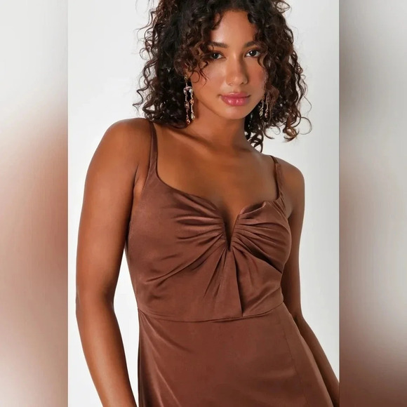 Lulus Lovely Drama Brown Satin Sleeveless A-Line Maxi Dress Wedding Party Prom - Picture 3 of 12